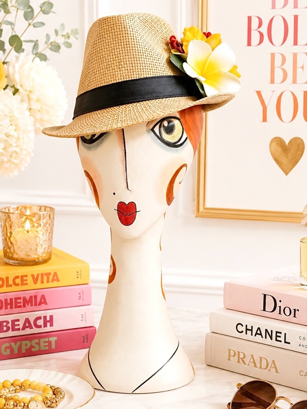 Stylish Tan Fedora Hat with Black Satin Ribbon Band and Flower Clip size 58